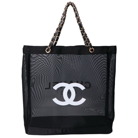 CHANEL CC Black Mesh Tote Bag purse chain silver shoulder logo shopper - Picture 4 of 7